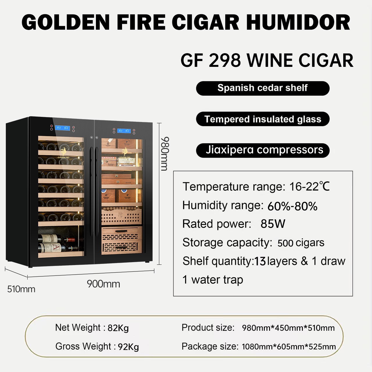 Tủ đựng cigar rượu vang Golden Fire GF-298